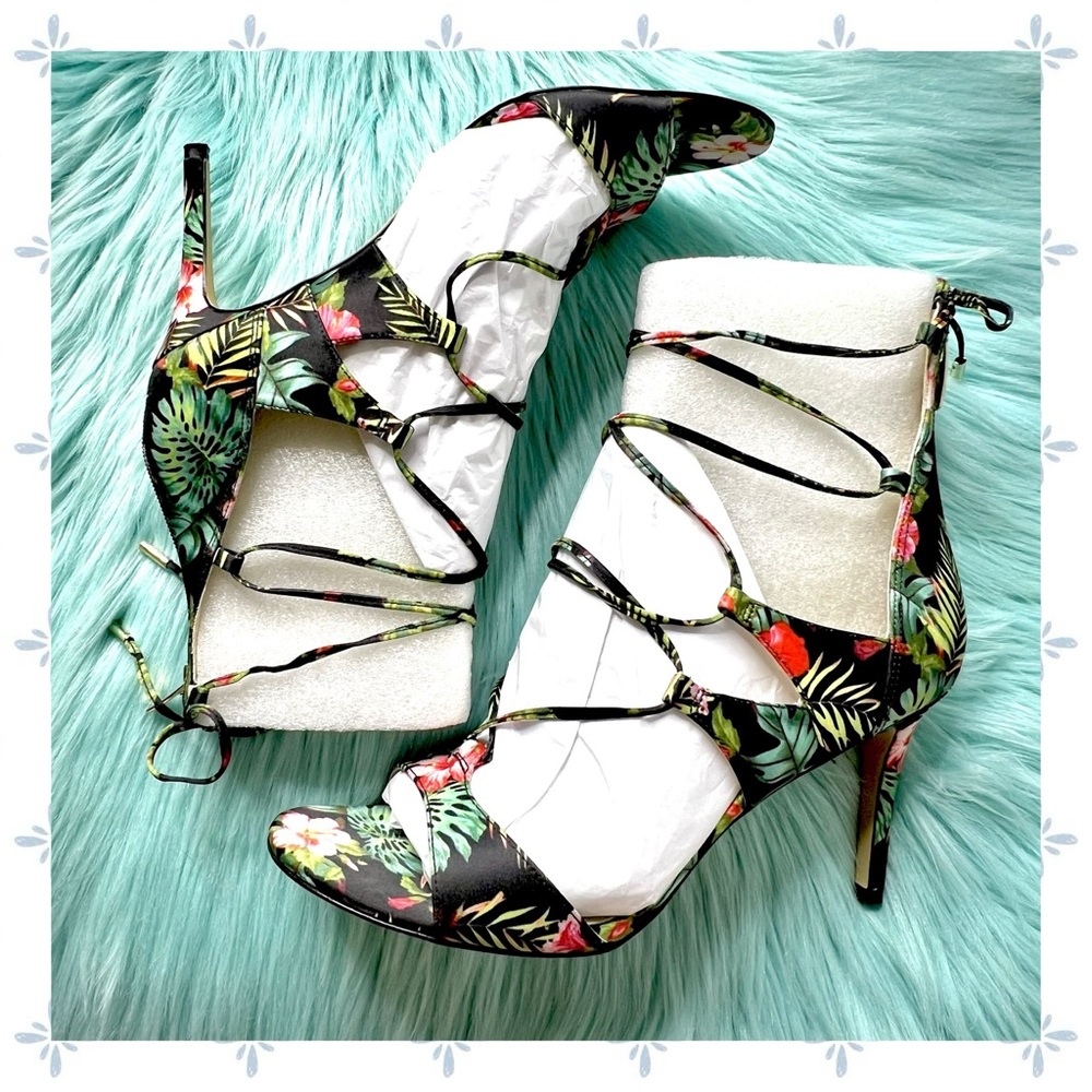 Marc Fisher Tropical Floral Lace Up Strappy Stiletto Heels Sandals Women’s 8